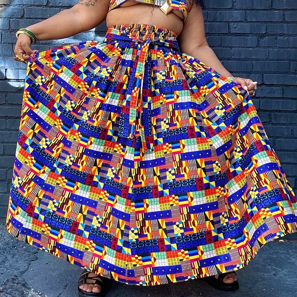 Tribal Abstract Mix Wax Print Cotton Tie Waist Maxi Skirt One Size Plus Size - Picture 11 of 12